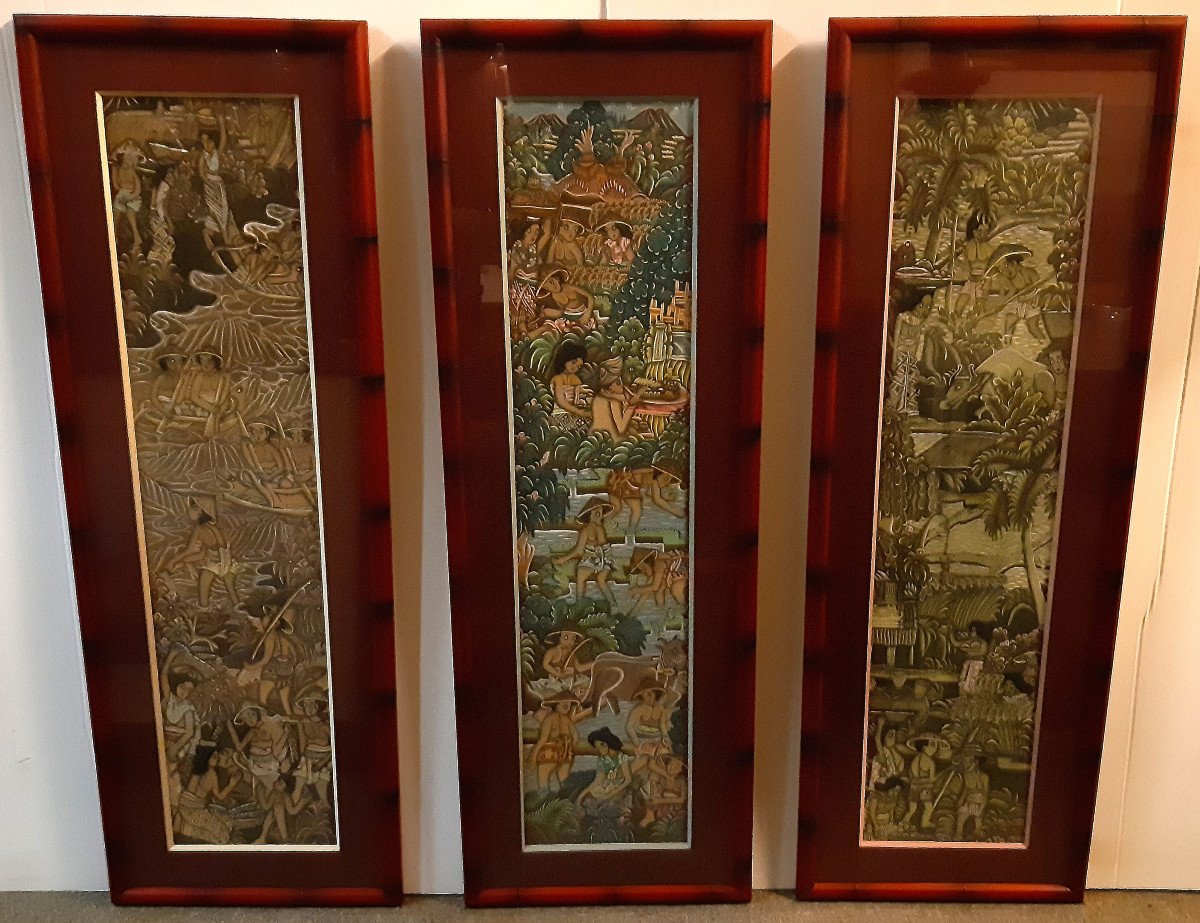 Set Of 3 Balinese Paintings Indonesia Traditional Art Of Batuan 