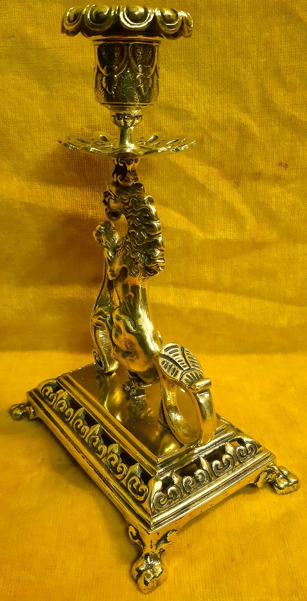 Lion Dragon Bronze Candlestick Coat Of Arms And Fleurs De Lys Renaissance Style Napoleon III 19-photo-1