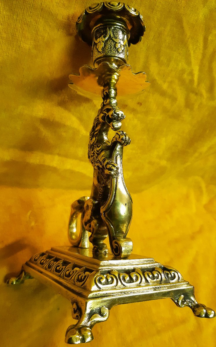 Lion Dragon Bronze Candlestick Coat Of Arms And Fleurs De Lys Renaissance Style Napoleon III 19-photo-2