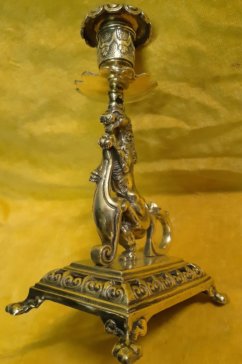 Lion Dragon Bronze Candlestick Coat Of Arms And Fleurs De Lys Renaissance Style Napoleon III 19-photo-3