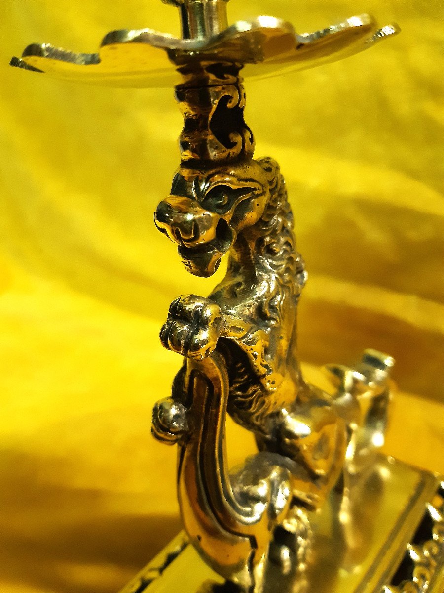 Lion Dragon Bronze Candlestick Coat Of Arms And Fleurs De Lys Renaissance Style Napoleon III 19-photo-5