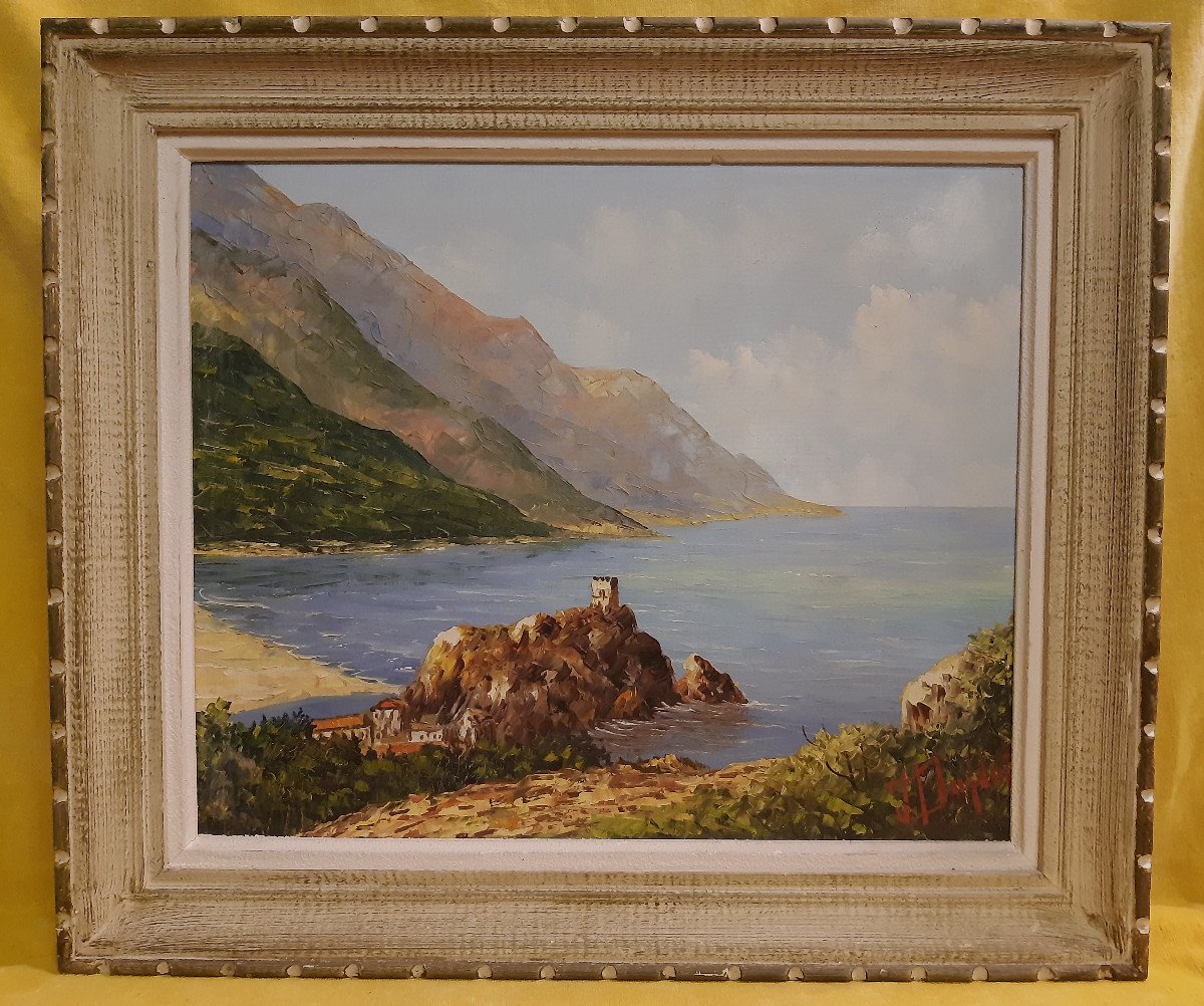 Marine Huile Sur Toile Baie Méditerranéenne de Jacques DUFLOT (1914-1992) -photo-2