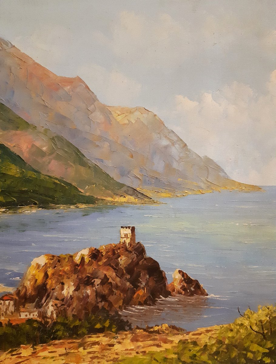 Marine Huile Sur Toile Baie Méditerranéenne de Jacques DUFLOT (1914-1992) -photo-4