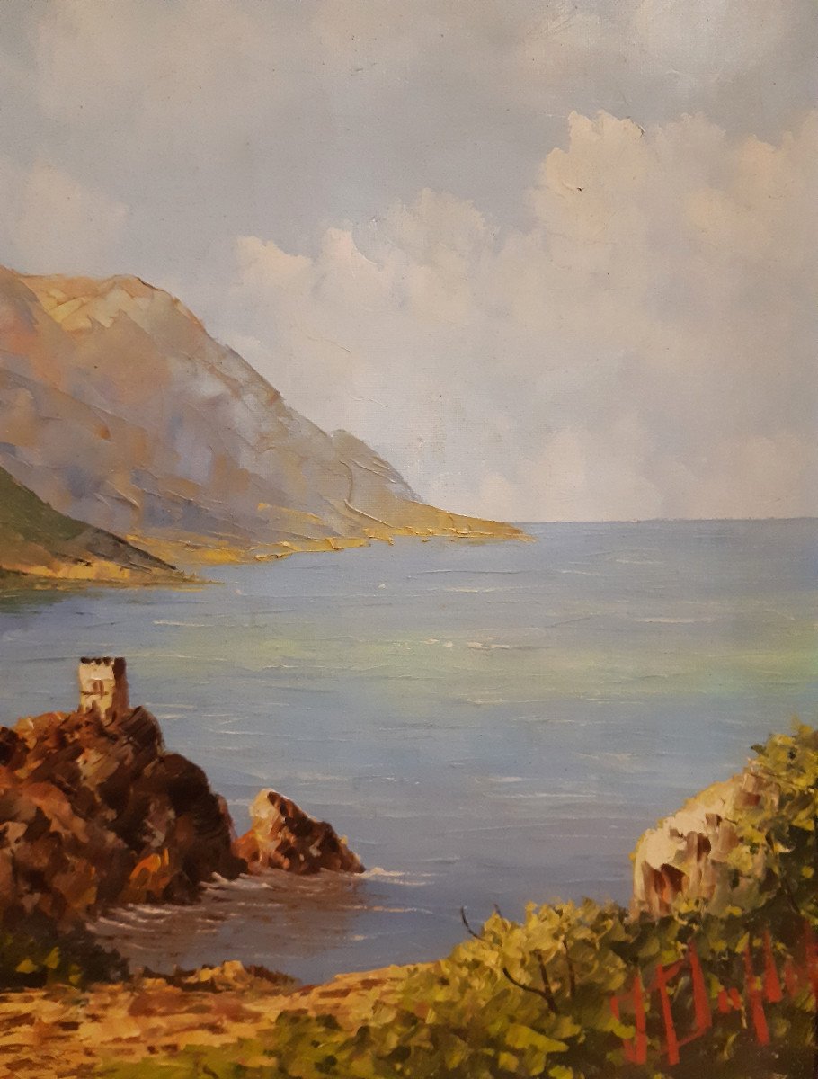 Marine Huile Sur Toile Baie Méditerranéenne de Jacques DUFLOT (1914-1992) -photo-1