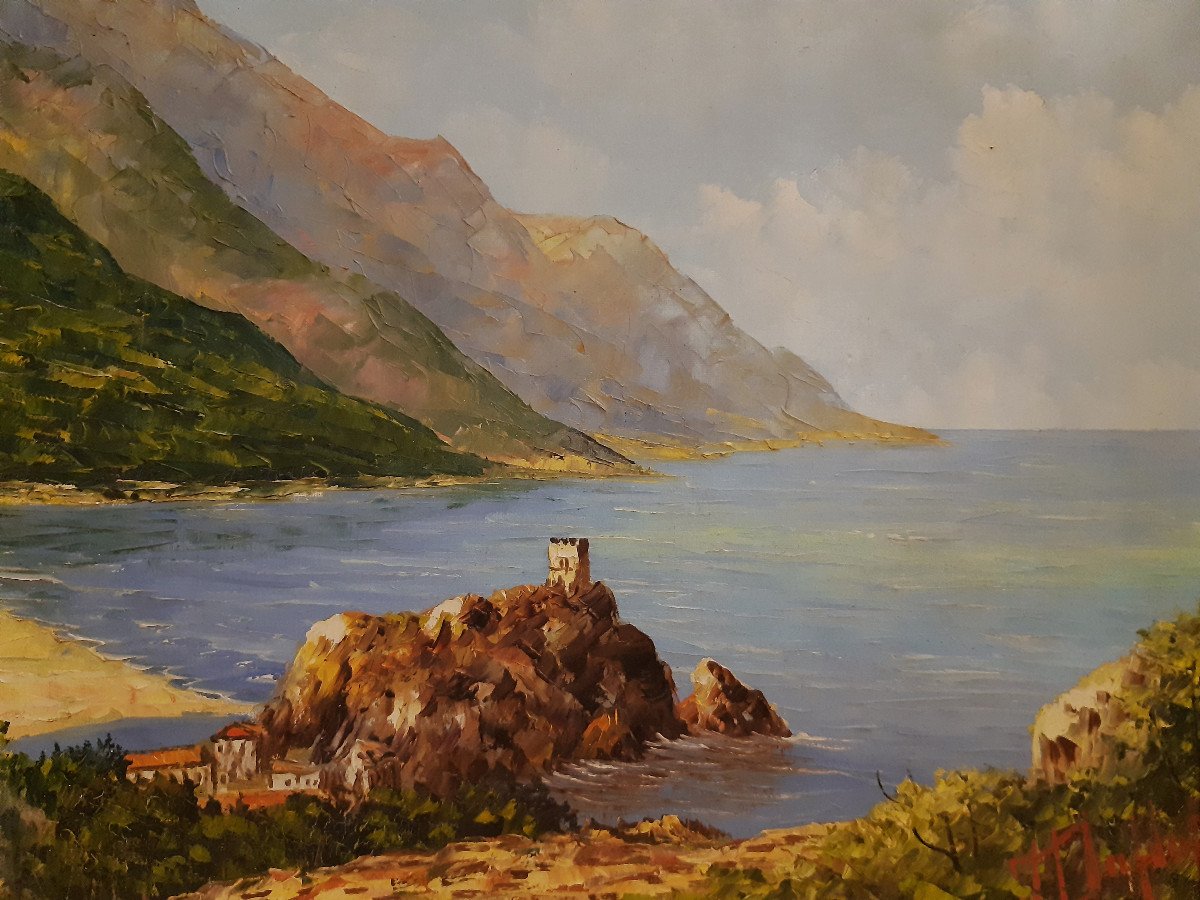 Marine Huile Sur Toile Baie Méditerranéenne de Jacques DUFLOT (1914-1992) 