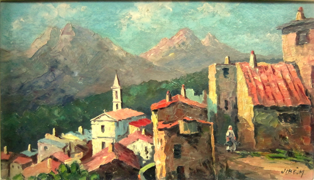 Village Corse Evisa Huile Encadrée des années 1950-60