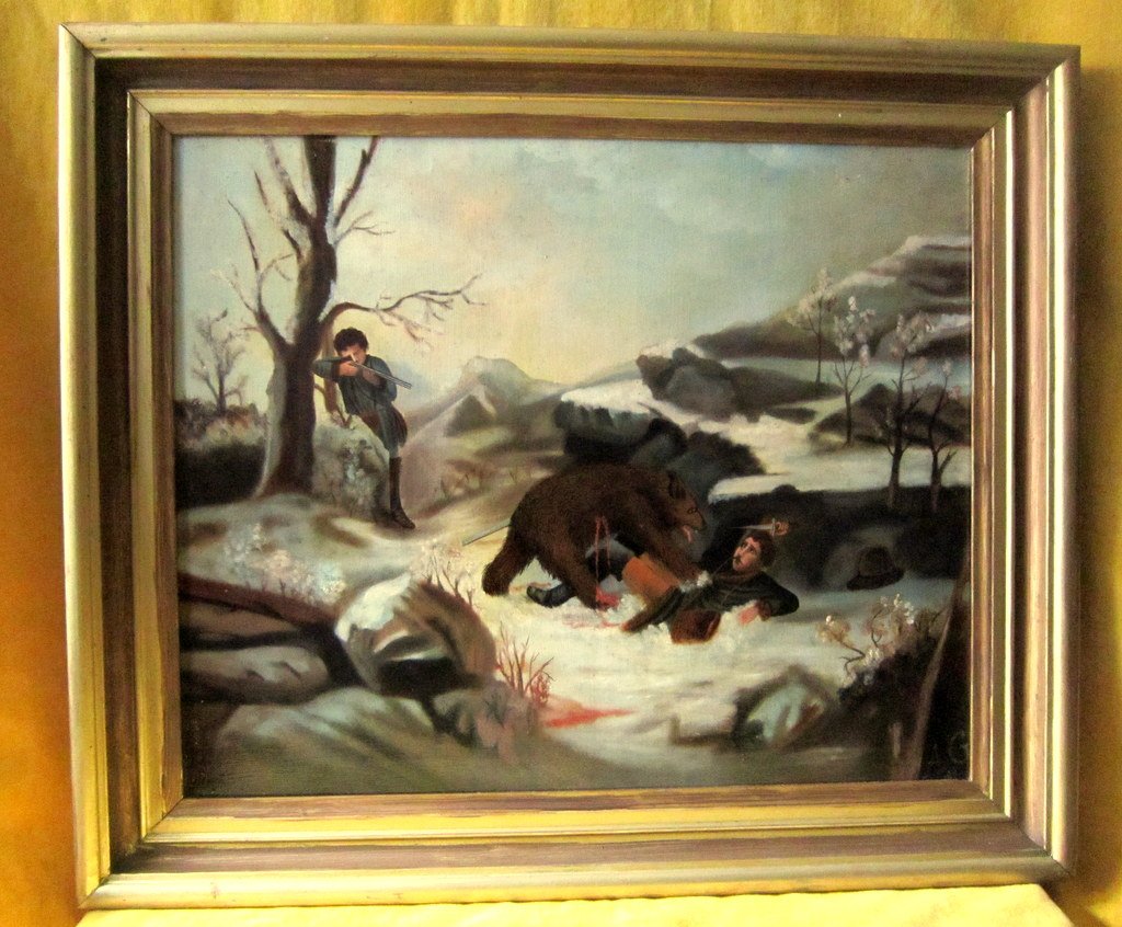 Brown Bear Hunting Grizzly Tragic On Canvas 1883 Ag (?)-photo-2