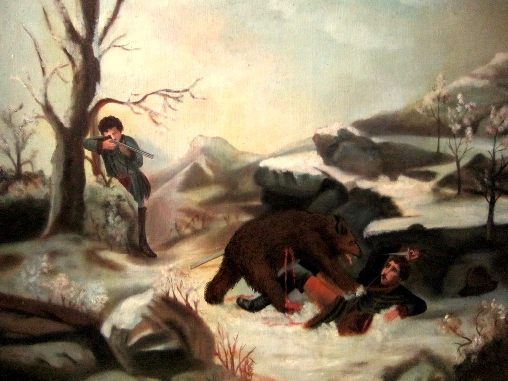 Brown Bear Hunting Grizzly Tragic On Canvas 1883 Ag (?)