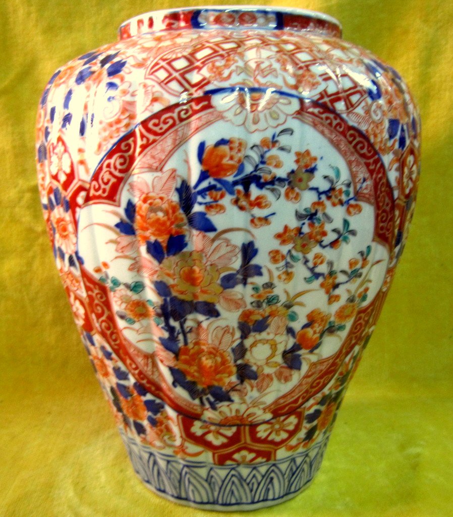 Large Ribbed Porcelain Vase Imari 19th-photo-6