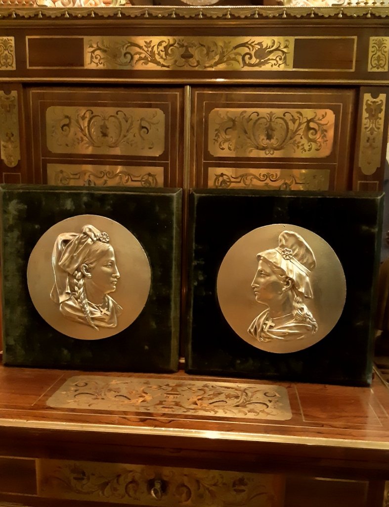 Pair Of Large Medallion Plaque Alsace And Lorraine Gilt Bronze After The Annexation Of 1871-photo-2