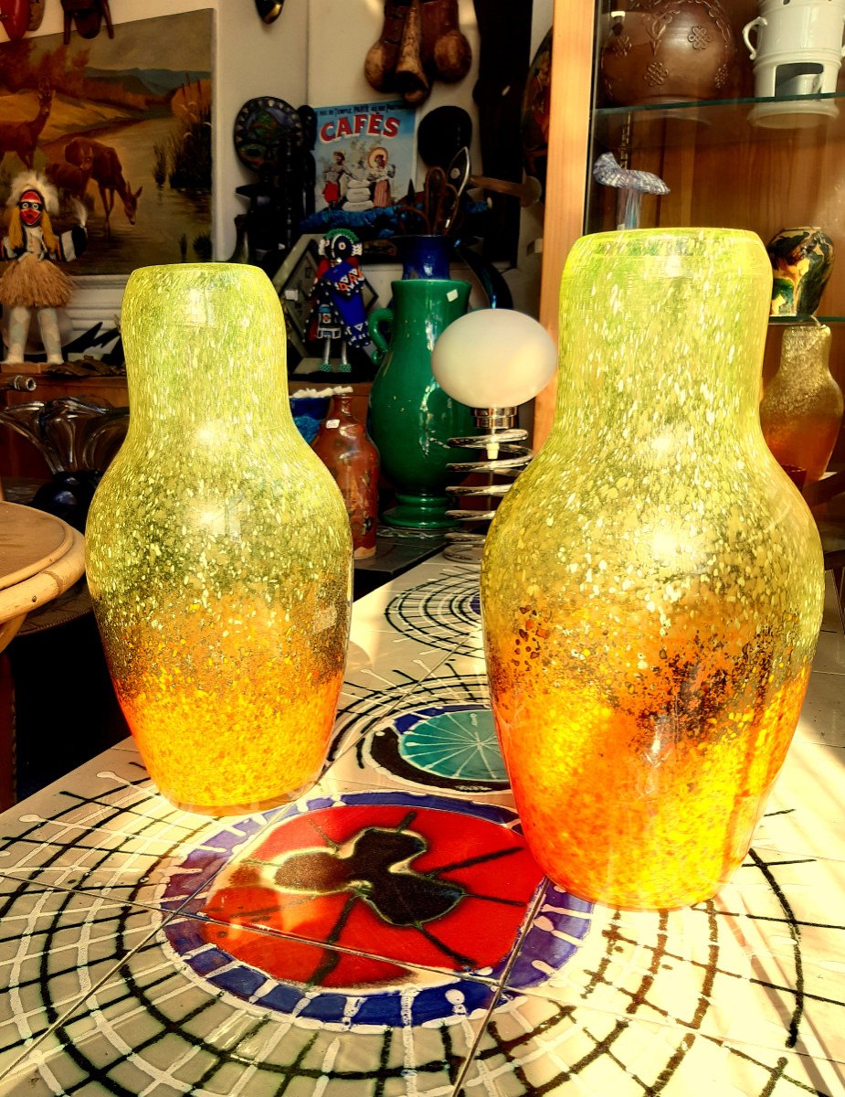 2 Grands Vases Balustres  Murano Soufflés Vintage Couleur éruption Volcanique -photo-8