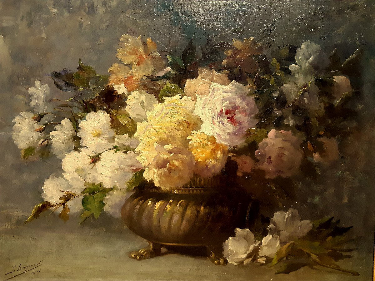 Large Bouquet Of Blooming Flowers In A Nap III Planter By E. Ampenot 1905-photo-3