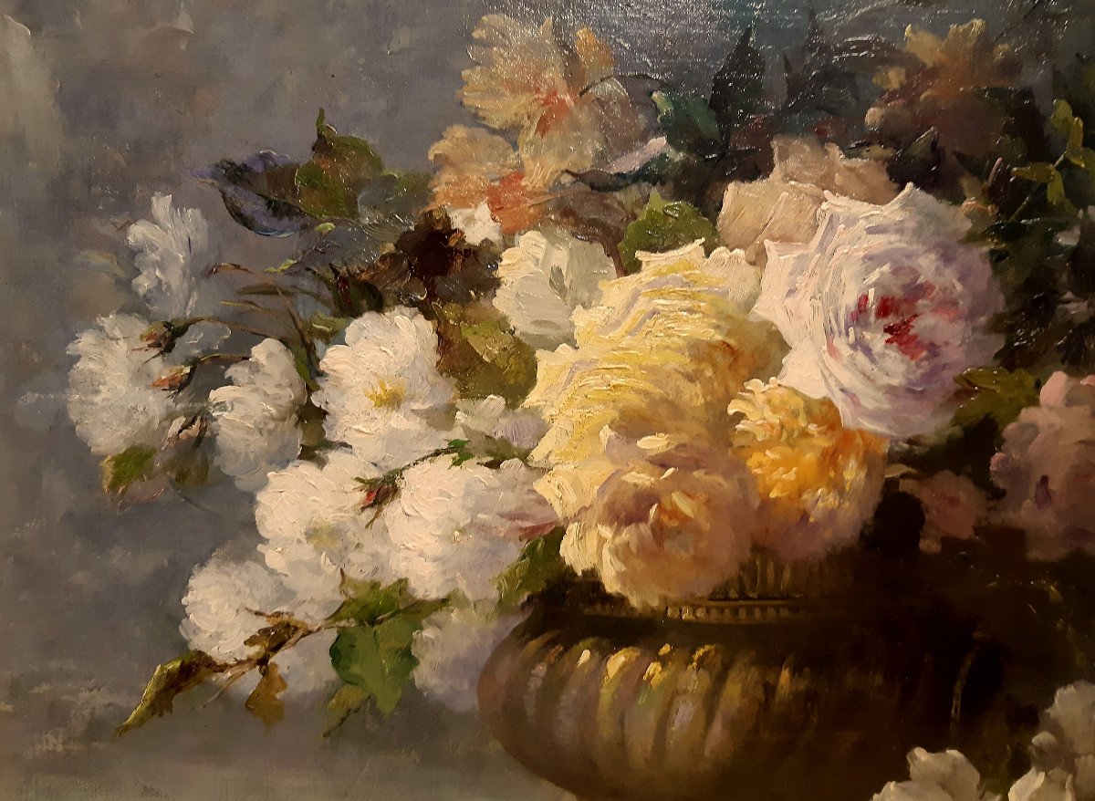 Large Bouquet Of Blooming Flowers In A Nap III Planter By E. Ampenot 1905-photo-4