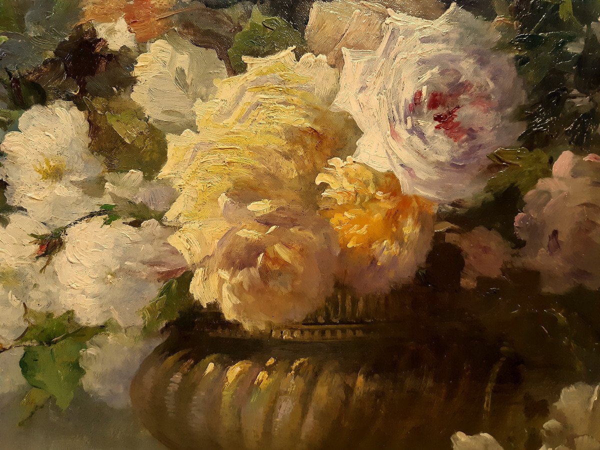 Large Bouquet Of Blooming Flowers In A Nap III Planter By E. Ampenot 1905-photo-1