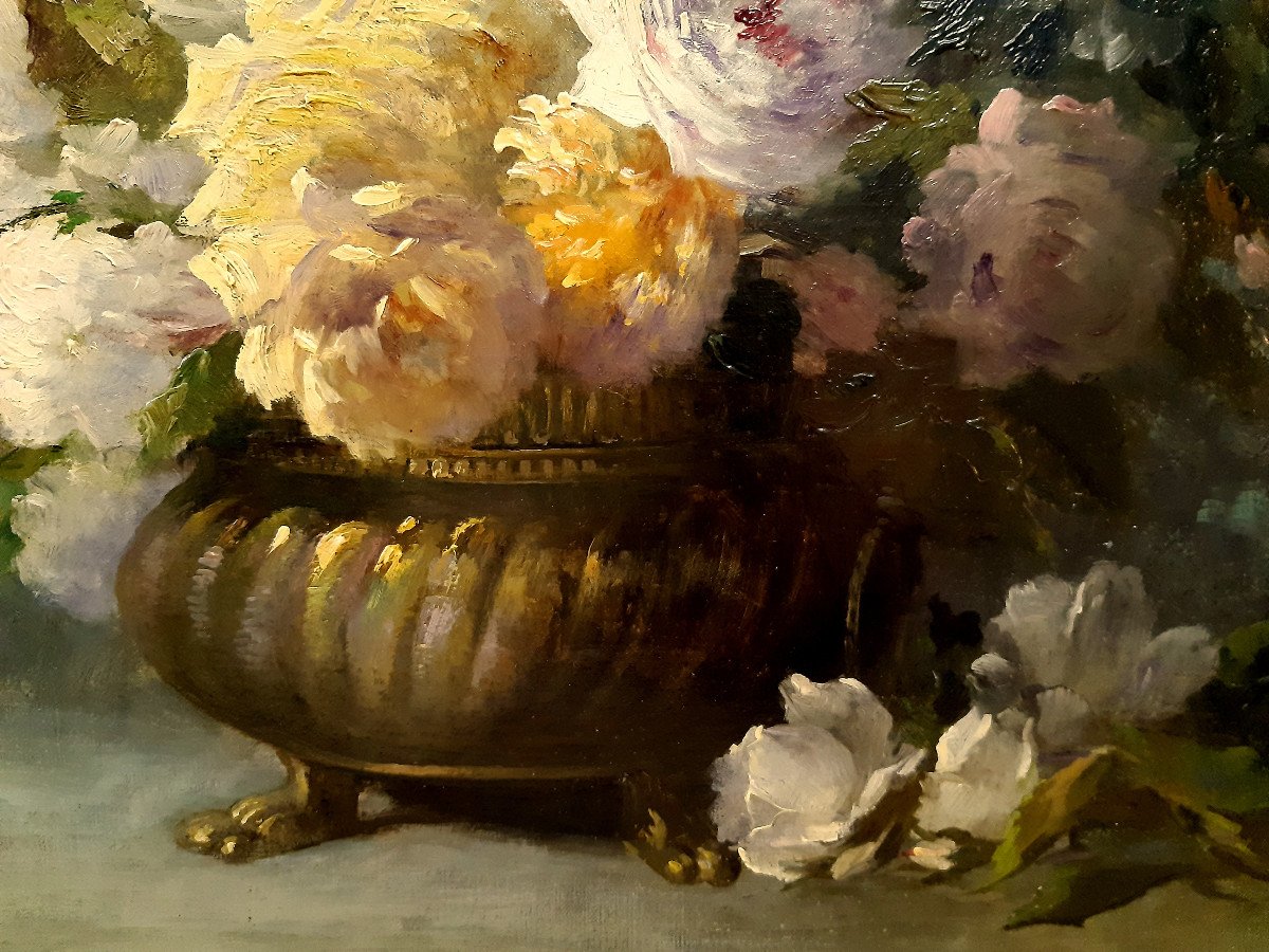 Large Bouquet Of Blooming Flowers In A Nap III Planter By E. Ampenot 1905-photo-5