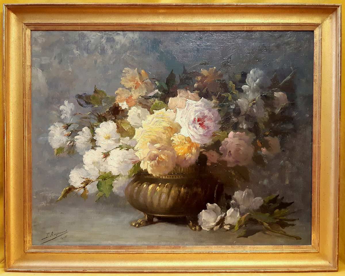 Large Bouquet Of Blooming Flowers In A Nap III Planter By E. Ampenot 1905