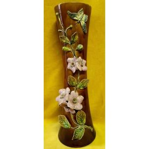 Grand Vase Tube Diabolo Barbotine Majolique Fleurs Et Papillon Art Nouveau 1900