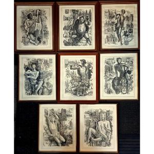 7 Gravures Burins de Bacchus différents avec Région Viticole de Albert DECARIS (1901-1988)