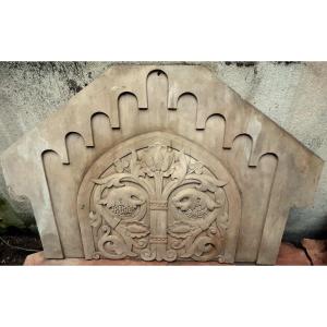 Large Religious Altar Element Plaque (?) In Neo-gothic Carved Stone 19th 