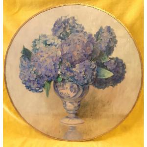 Round Watercolor Of Blue Hydrangea In Baluster Vase Around 1900 By Lucien Pallandre (1870-?)