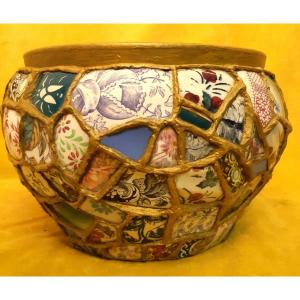 Earthenware Cache Pot Covered With A Mosaic Of Various Dishes "picassiette" Technique 20th