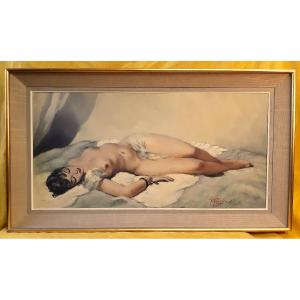 Oil On Canvas Nude Model Alangui On A Bed By Georges Pierre Guinegault (1893-1983)