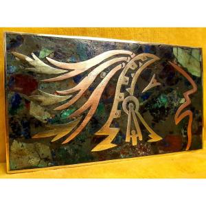 Cigar Box Heckoen Mexico Inca Marquetry Stone Lapis-lazuli, Malachite, Turquoise Brass