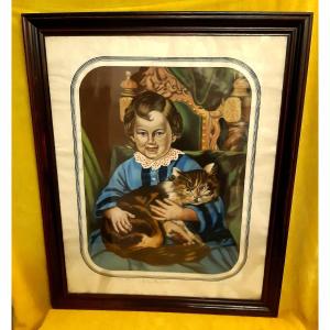 Large Framed Pastel 1869 “the Good Comrade” Child With A Big Cat In His Arms, 19th Century 