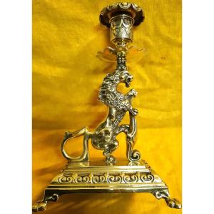 Lion Dragon Bronze Candlestick Coat Of Arms And Fleurs De Lys Renaissance Style Napoleon III 19