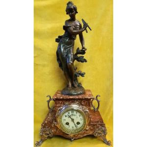 Art Nouveau Clock Musician Allegory "1900" Muse Of The Woods With Flute By Charles Vely