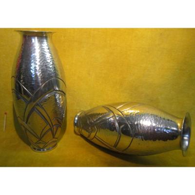 Pair Of Art Deco Vase Sculpted Pewter 1930