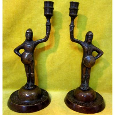 Pair Candlesticks Bronze Squire Knight Neogothic Troubadour 19th