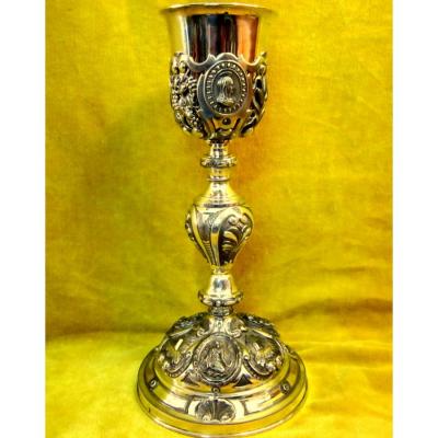 Neo-renaissance Chalice Chiseled Silver And Vermeil 19th