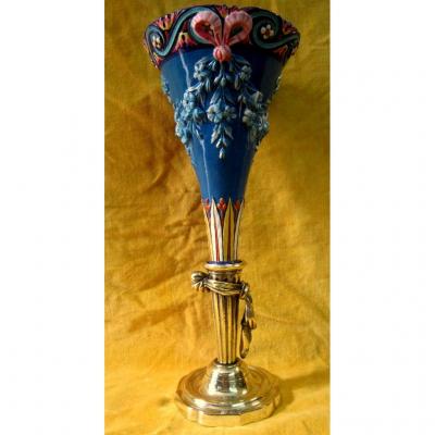 Grande Bouquetiére (42.5 cm) Vase Cornet Barbotine Pied Bronze St LXVI