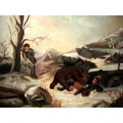 Chasse à l'Ours Brun Grizzly Tragique Sur Toile 1883 A G (?)