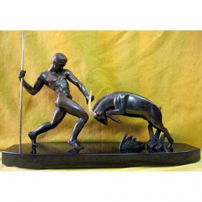 Grande Sculpture Art Deco 1930 Homme Et Antilope S'affrontant Kovats Zoltan (1885-1952)