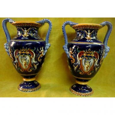 Paire Vases faience Gien décor 