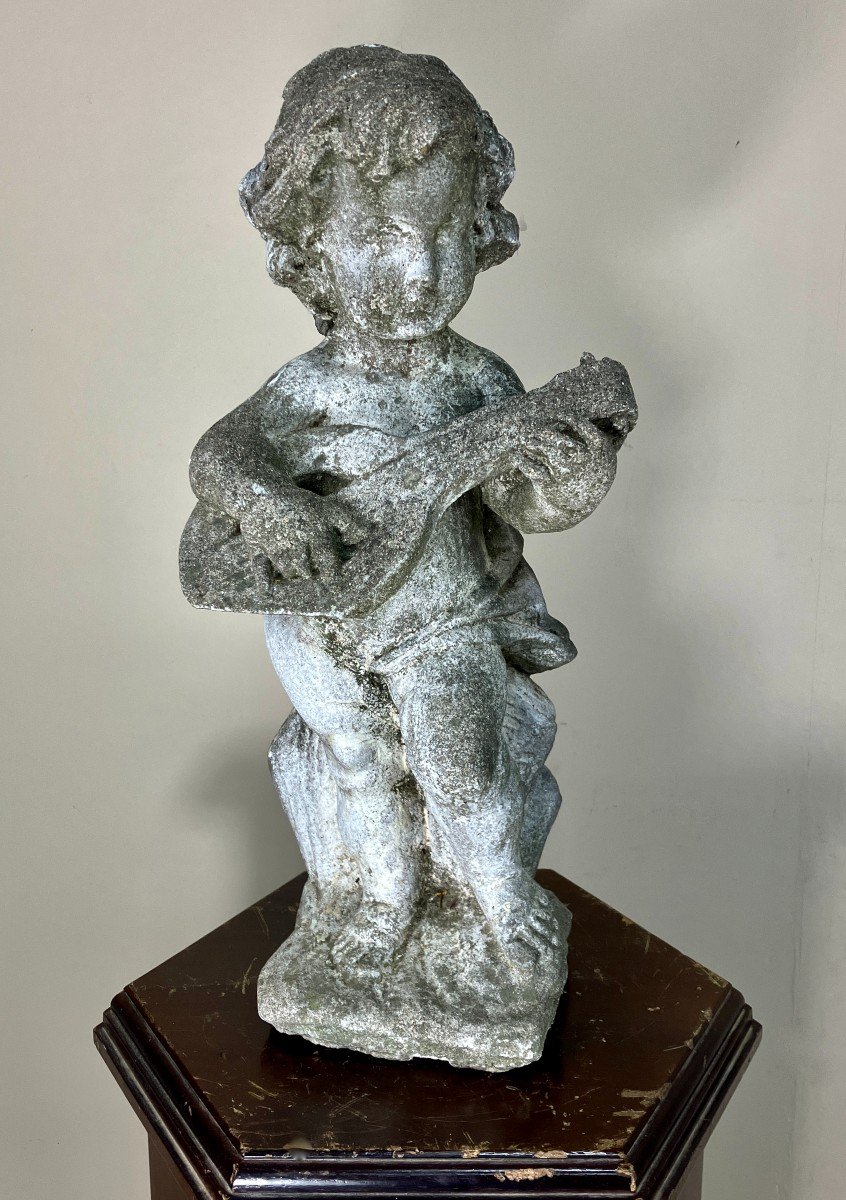 Set Of 3 Putti Musicians In Stone.-photo-2