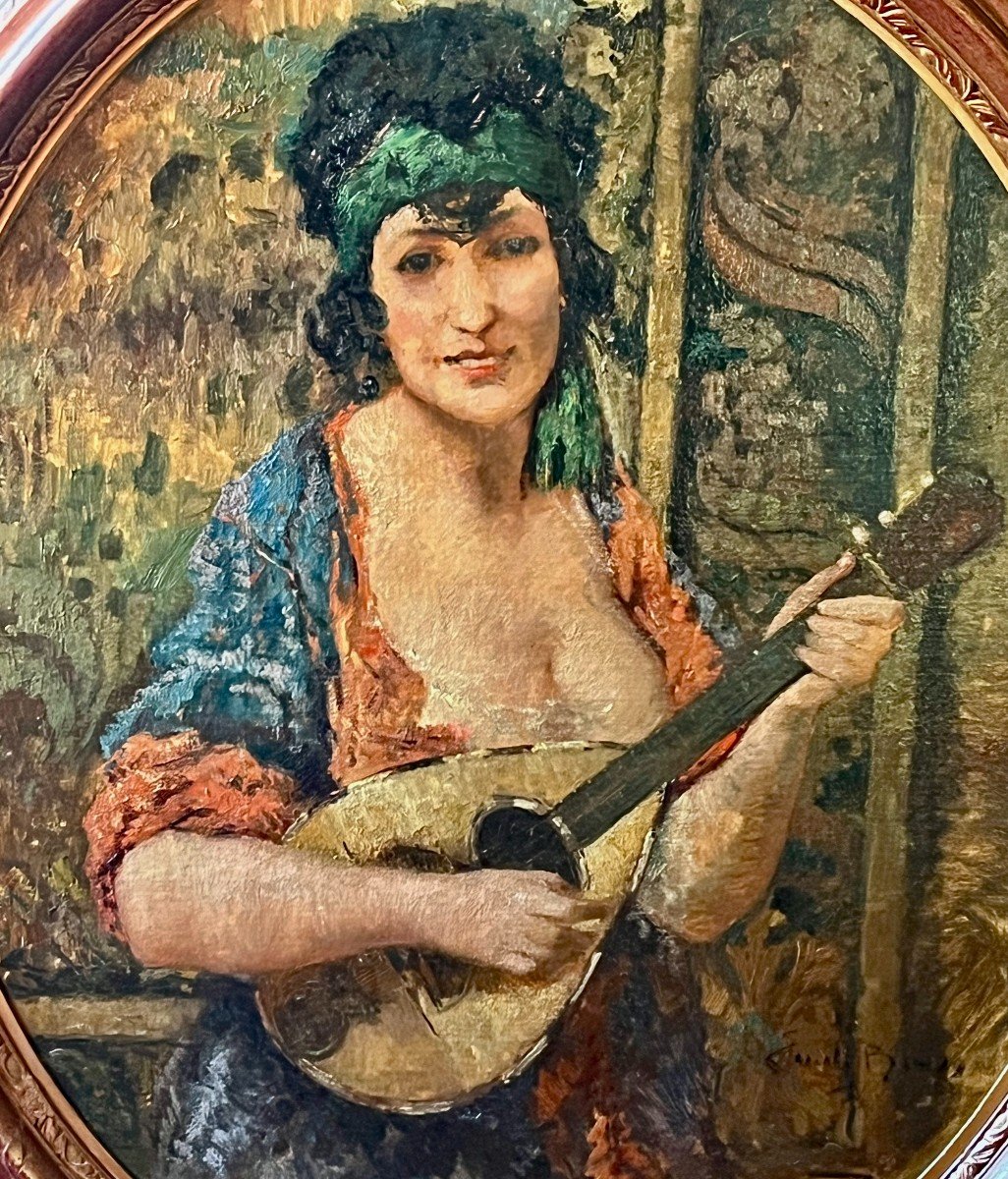 La joueuse de mandoline huile sur toile XIXe.-photo-2