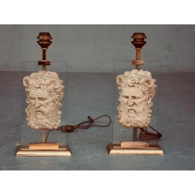 Pair Of Lamps Decorated With A Man's Head
