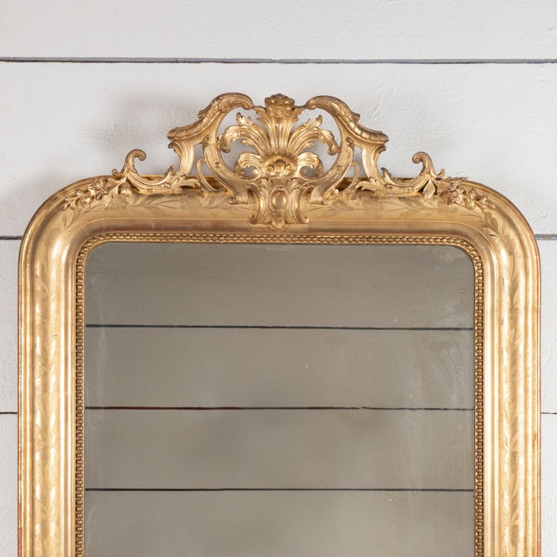 élégant Miroir Gravé De Motifs Floraux Et Petit Fronton H. 155 Cm - L. 88 Cm-photo-3