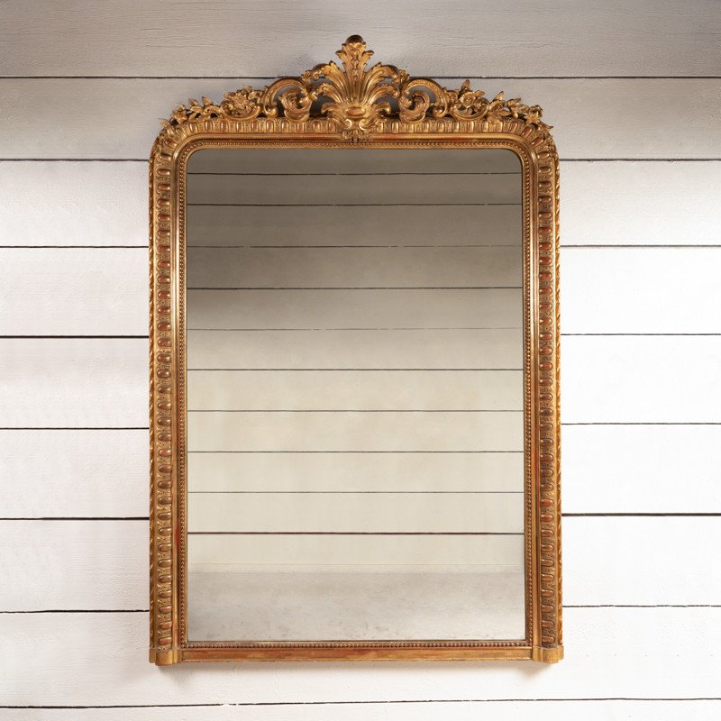 Très Grand Miroir Français En Bois Doré Et Sculpté Du XIXe H. 200 Cm - L. 137 Cm