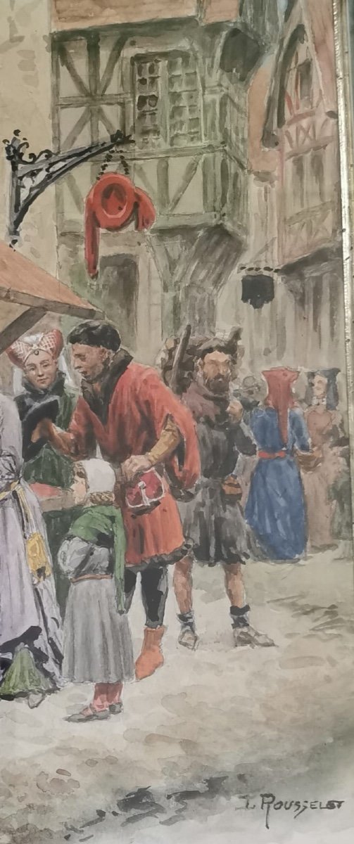 Watercolor “medieval Scene” By Rousselot -photo-3