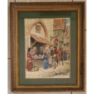 Watercolor “medieval Scene” By Rousselot 