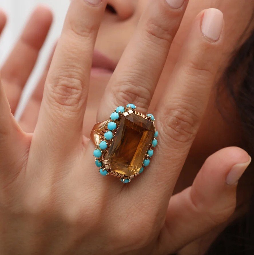 Bague vintage années 40 or jaune, citrine et turquoises brûlante passion-photo-2