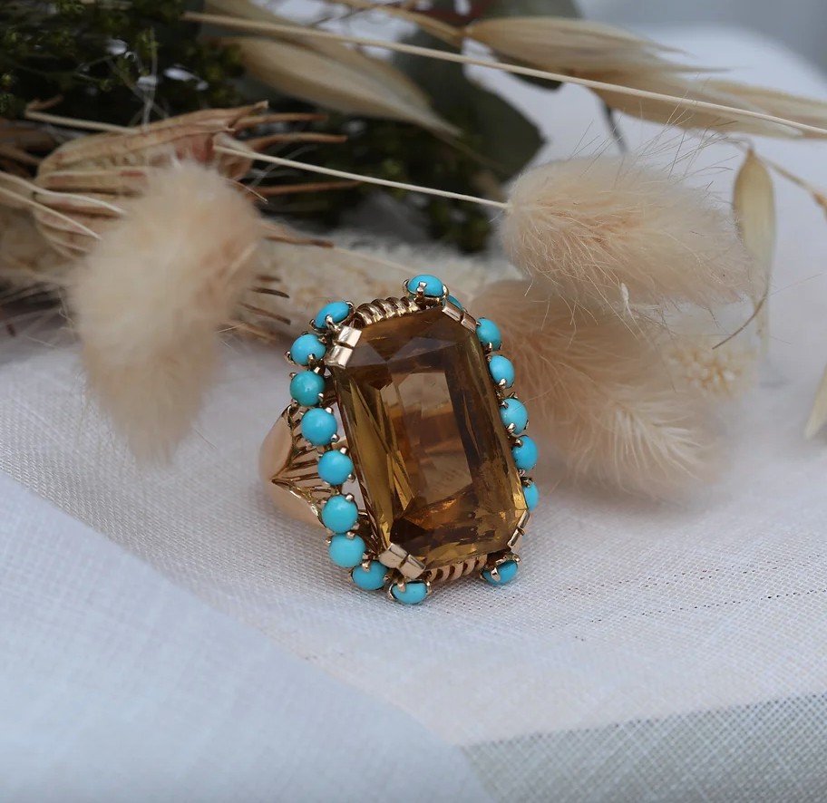 Vintage Ring 1940s Yellow Gold, Citrine And Turquoises Burning Passion-photo-4