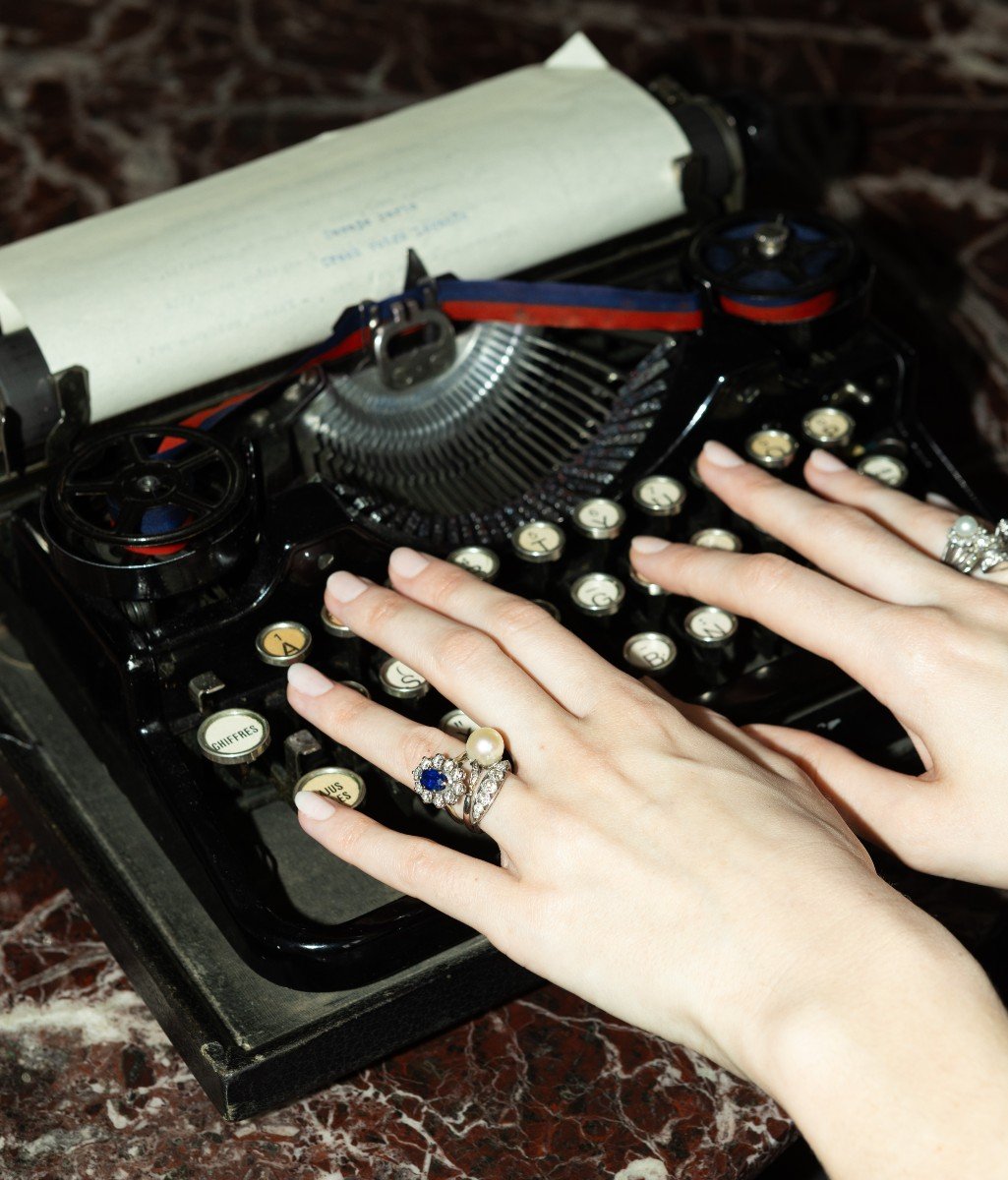 Vintage Ring In White Gold, Platinum, Pearl, Sapphire And Diamonds Enigmatic Legend-photo-2