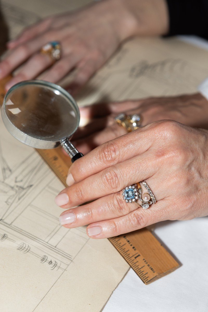 Vintage Ring In White Gold, Yellow Gold, Pearl, Aquamarine And Diamonds Rêveuse Elsaissable-photo-4