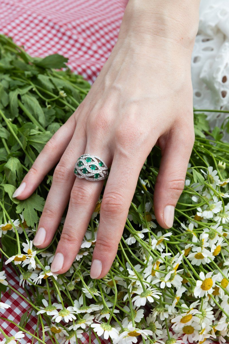 Bague Dôme Or Gris, Emeraudes Et Diamants Pépites Aphrodite-photo-8