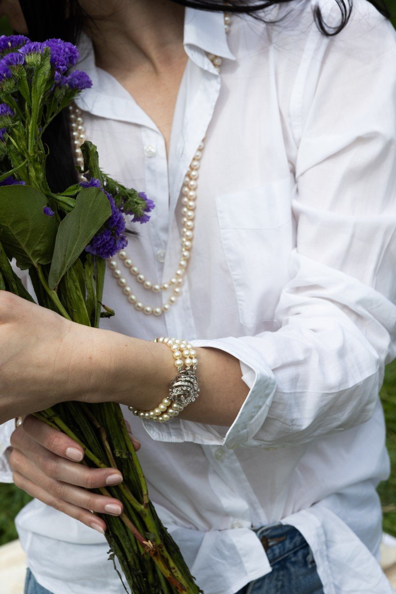 Pearl Bracelet, White Gold Clasp And Revolution Diamonds-photo-3